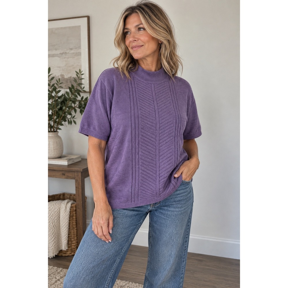 Southern Lady Purple Mock Neck Short Sleeve Knit Sweater Chevron Texture XL